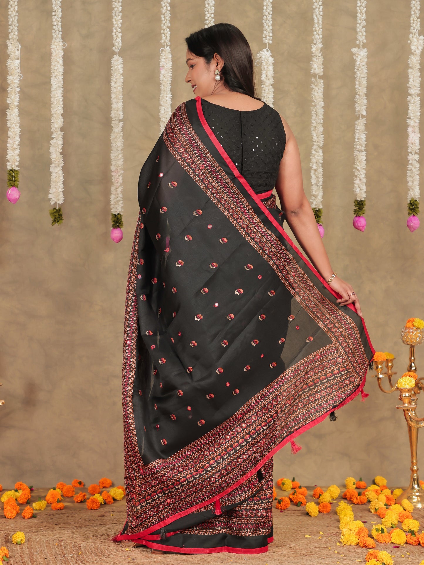 Embroidered Chiffon Geometric Black Saree