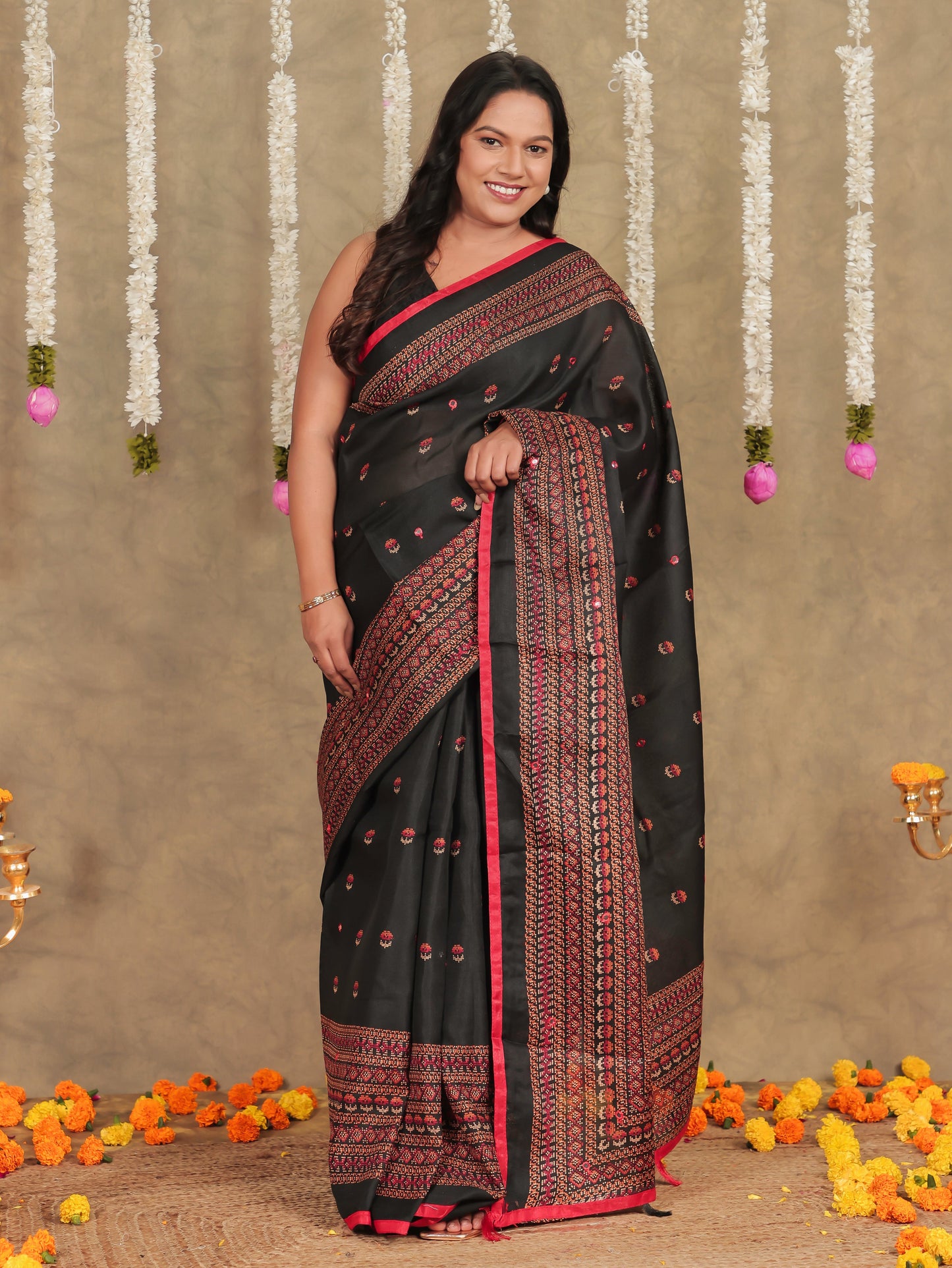 Embroidered Chiffon Geometric Black Saree