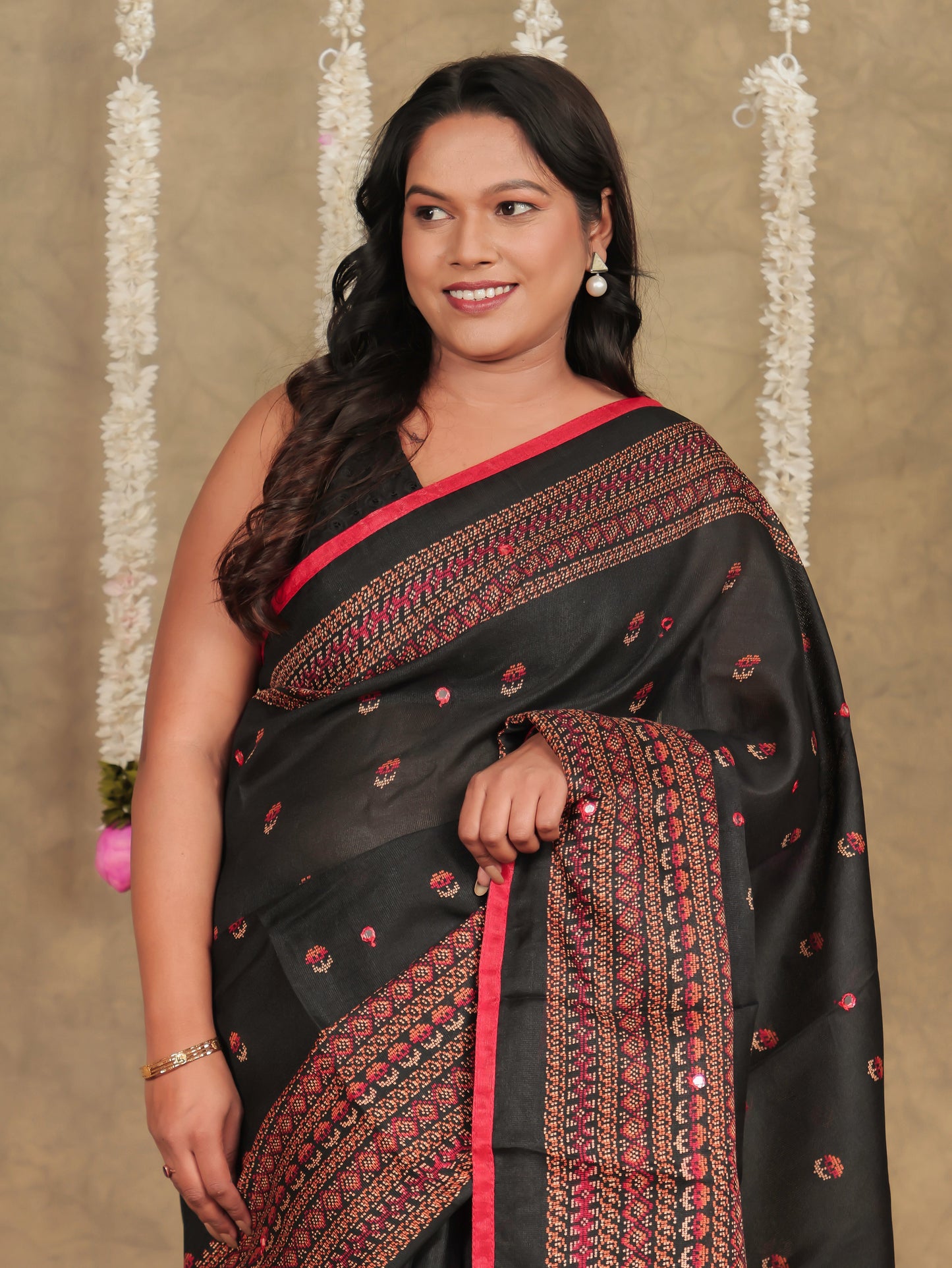 Embroidered Chiffon Geometric Black Saree