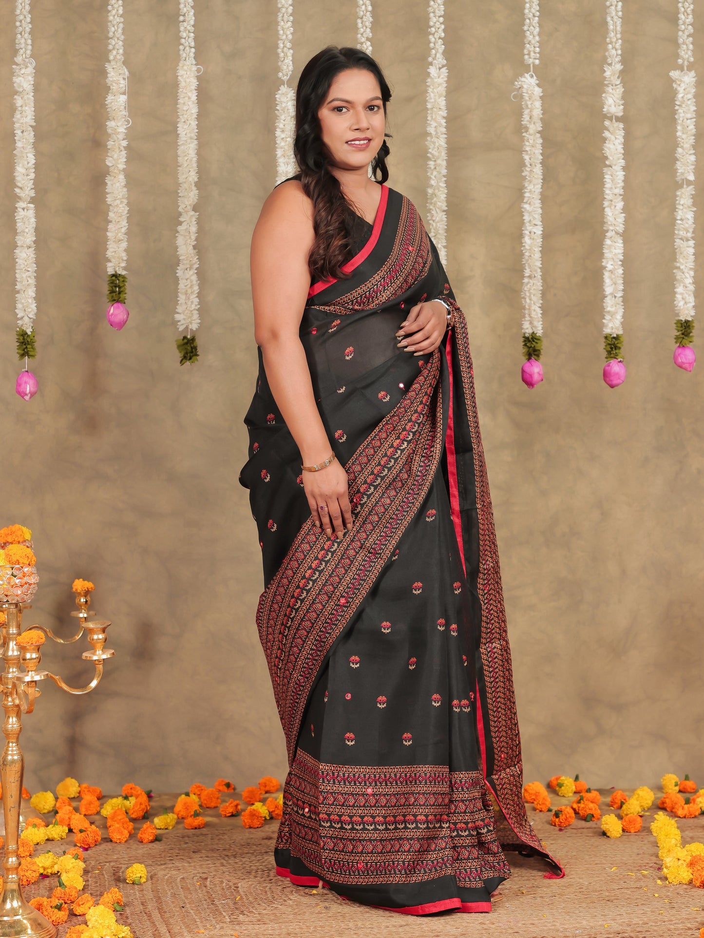 Embroidered Chiffon Geometric Black Saree