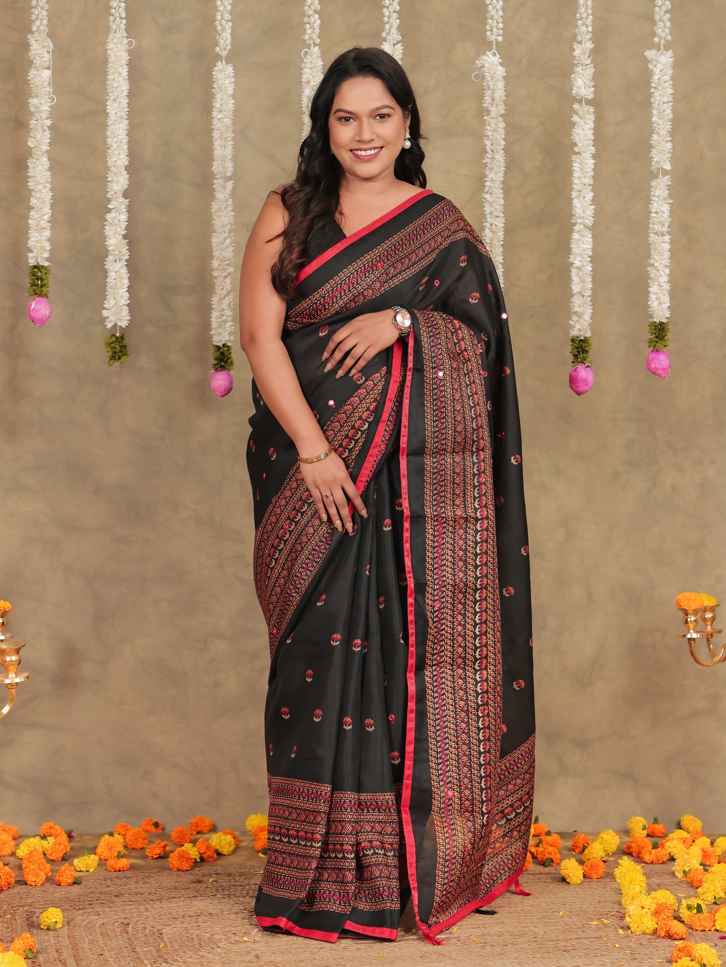 Embroidered Chiffon Geometric Black Saree