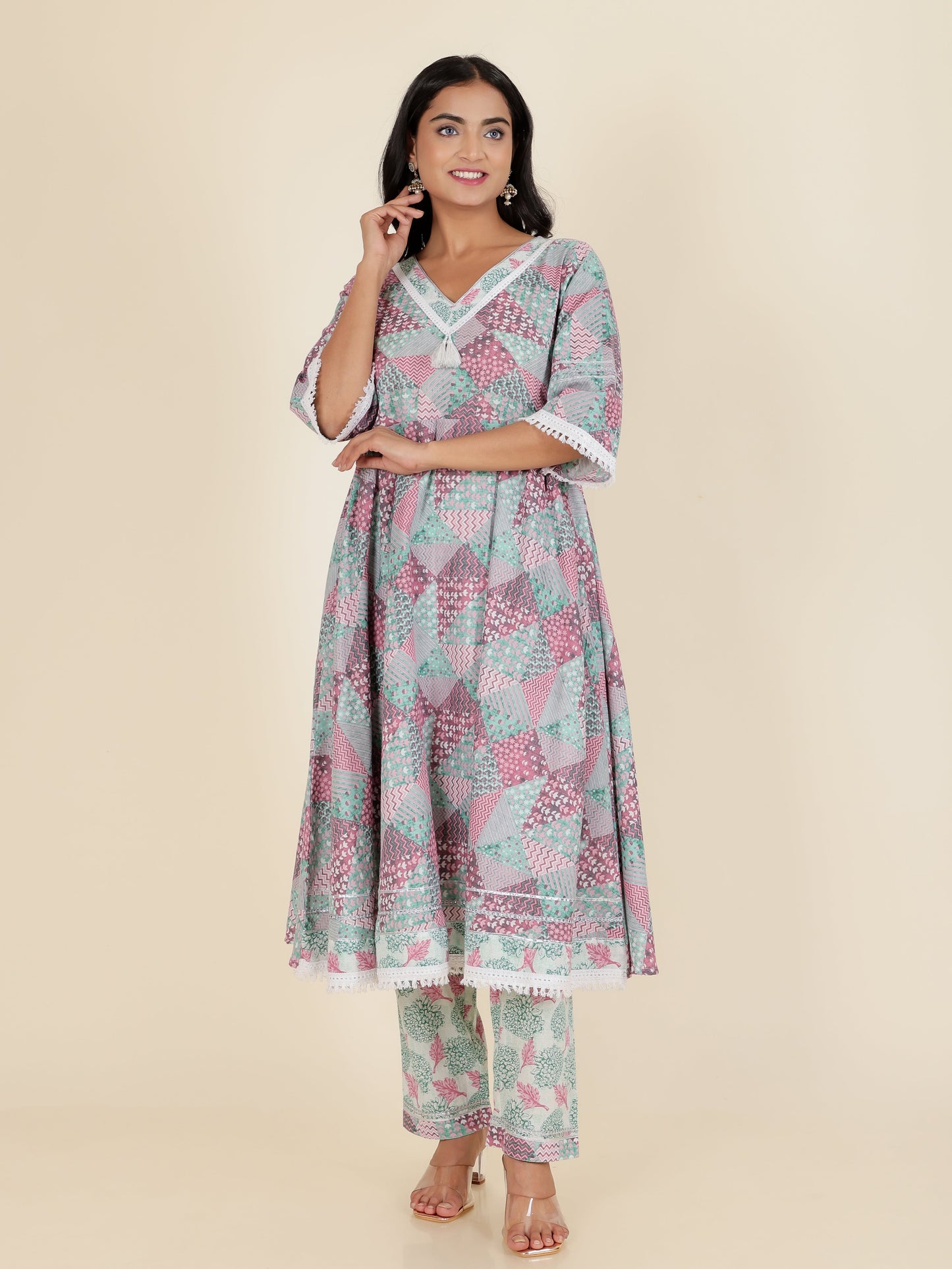 Soft Cotton Patchwork Flared Multicolor Kurta