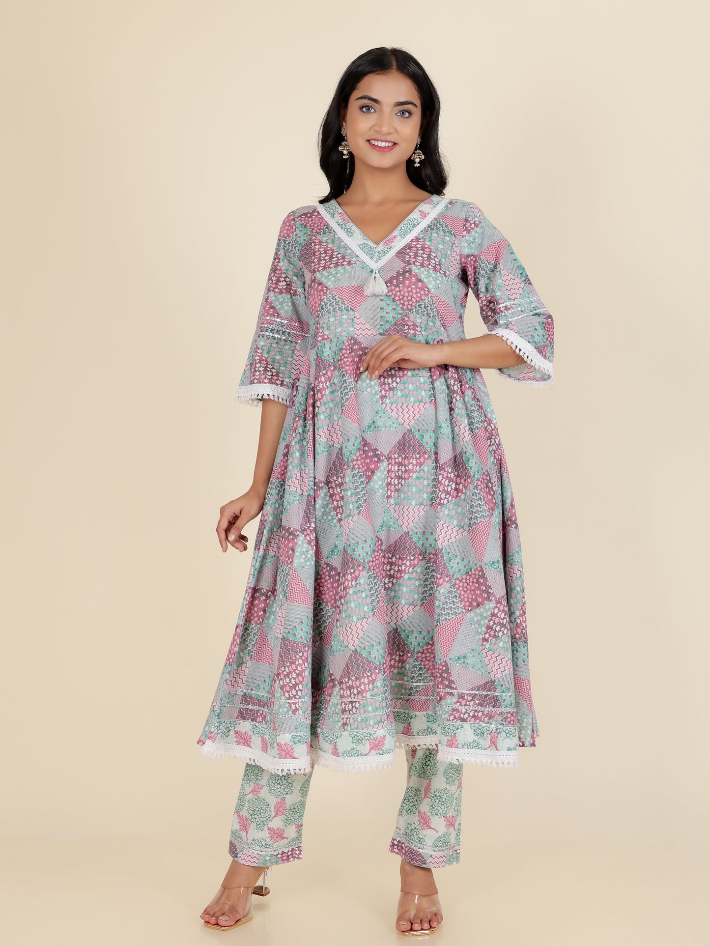 Soft Cotton Patchwork Flared Multicolor Kurta
