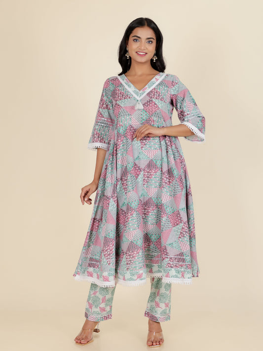 Soft Cotton Patchwork Flared Multicolor Kurta