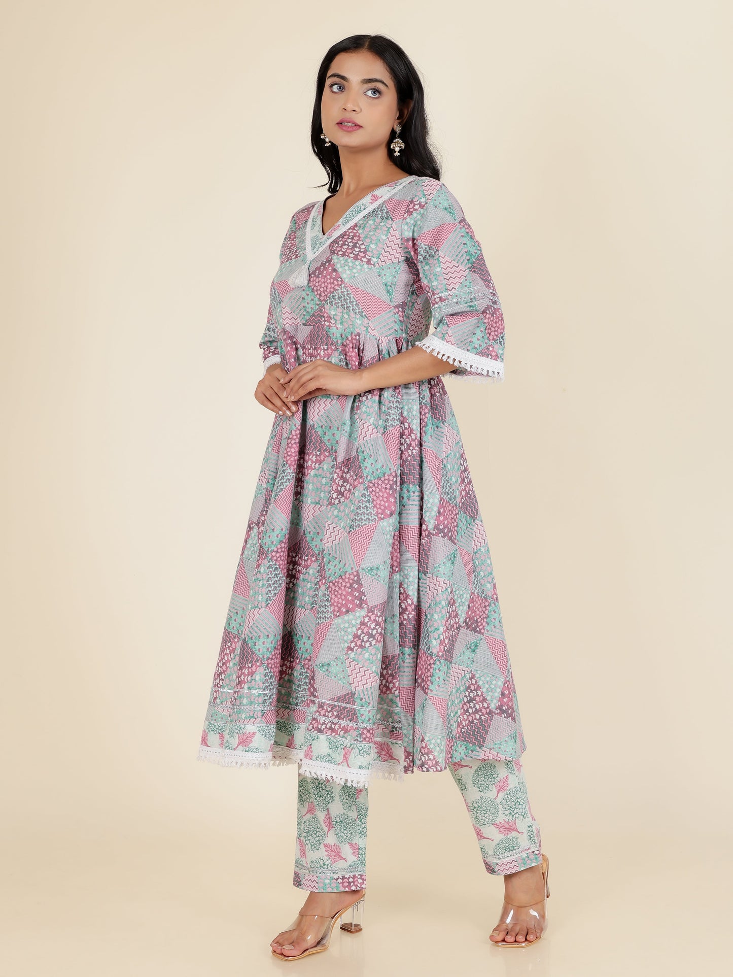 Soft Cotton Patchwork Flared Multicolor Kurta