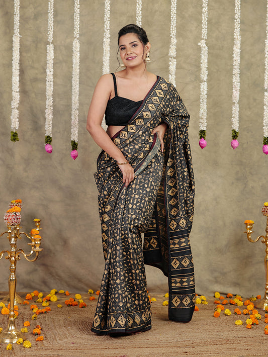 Silk Crepe Geometric Grey Saree