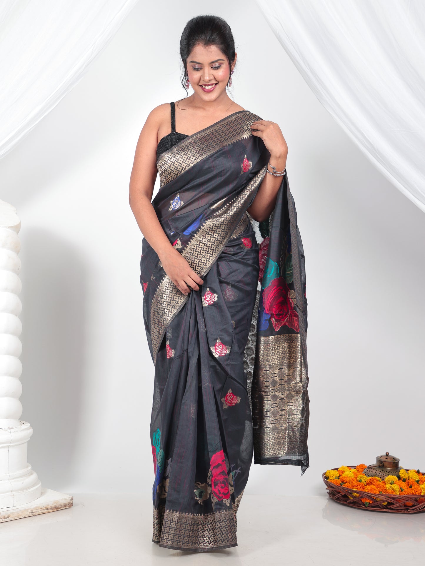 Jacquard Silk Dark Grey Saree