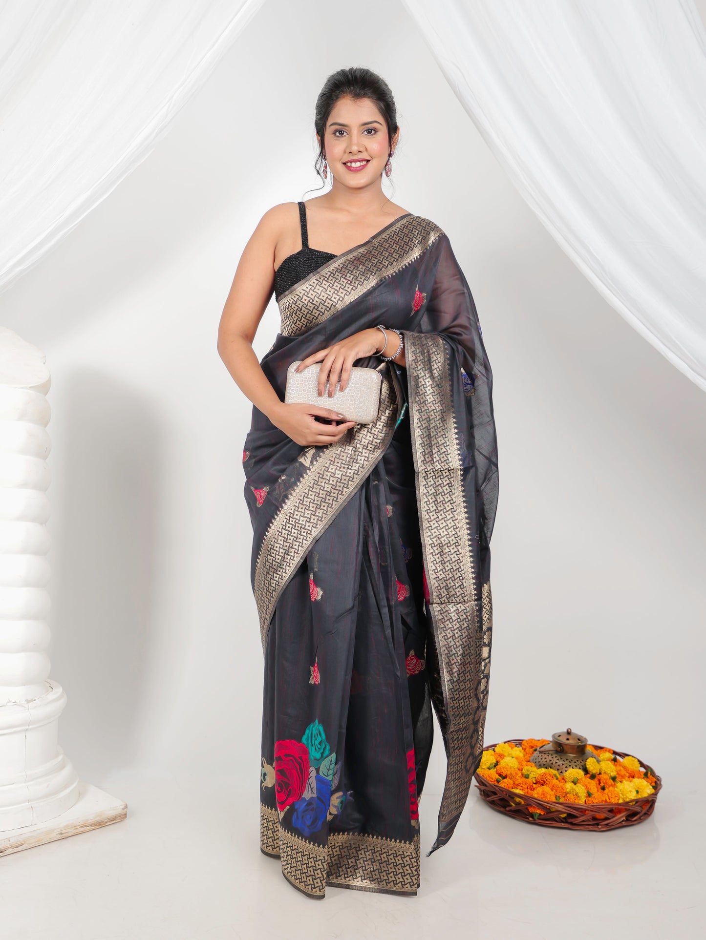 Jacquard Silk Dark Grey Saree