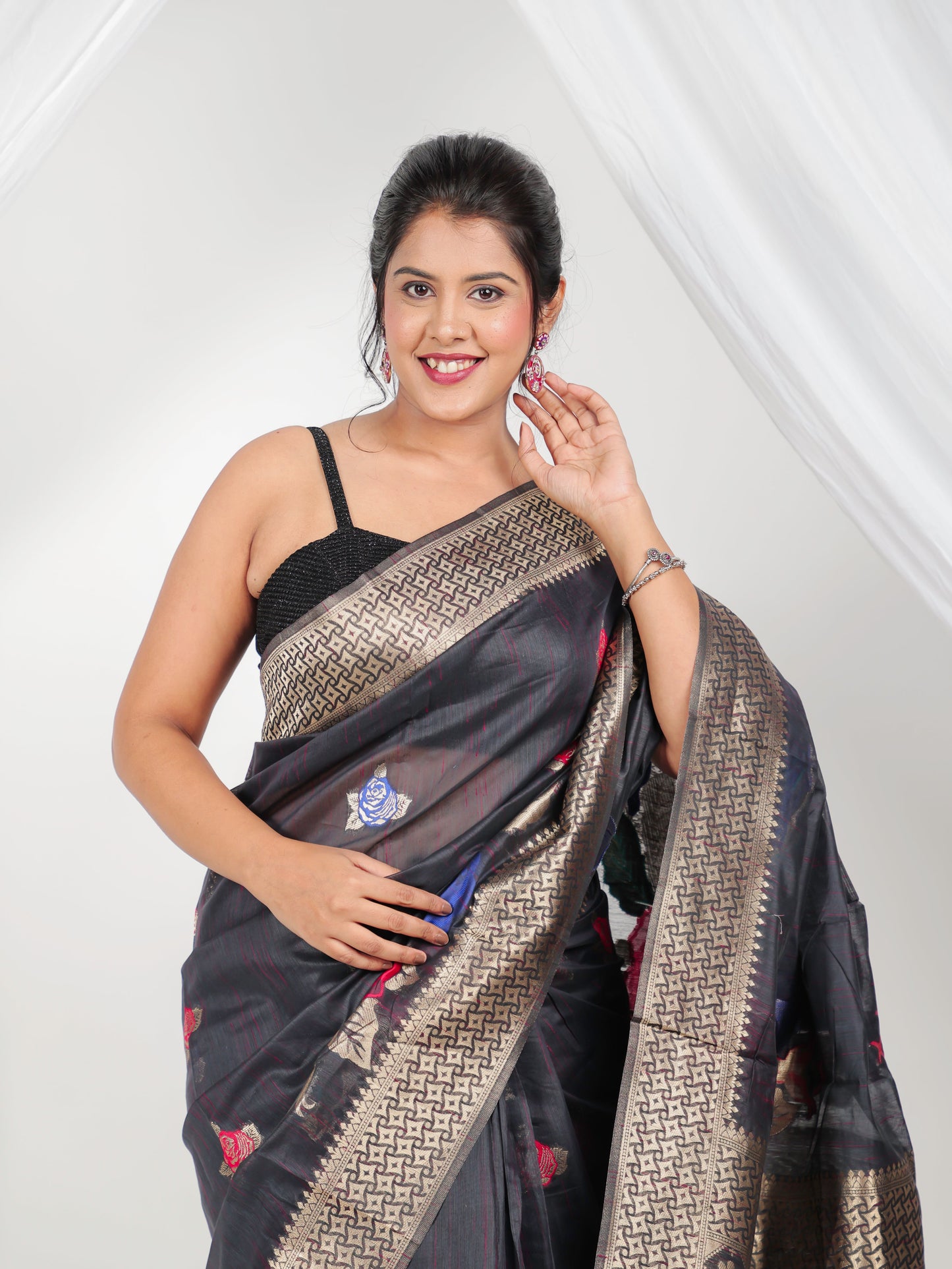 Jacquard Silk Dark Grey Saree