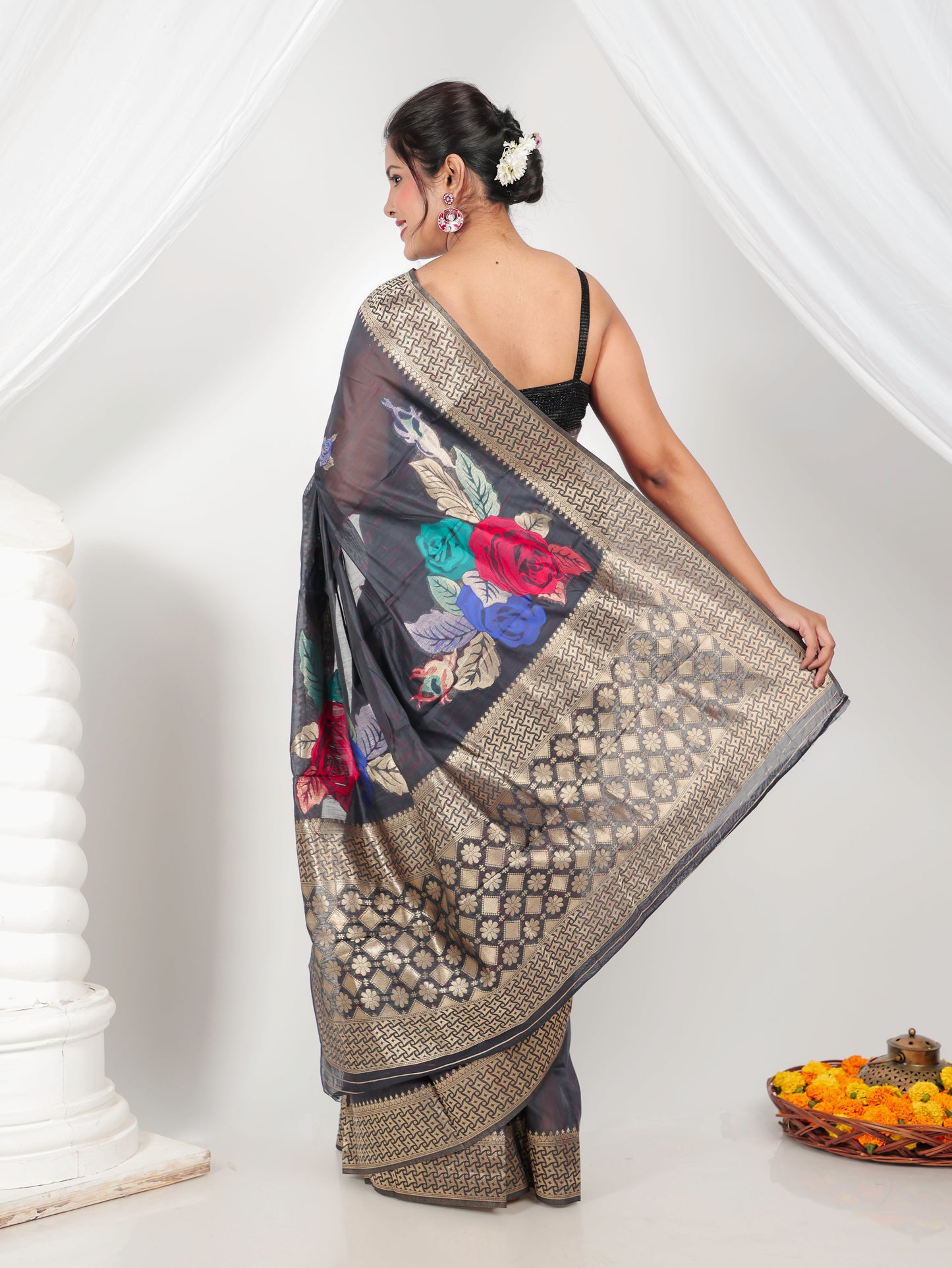 Jacquard Silk Dark Grey Saree