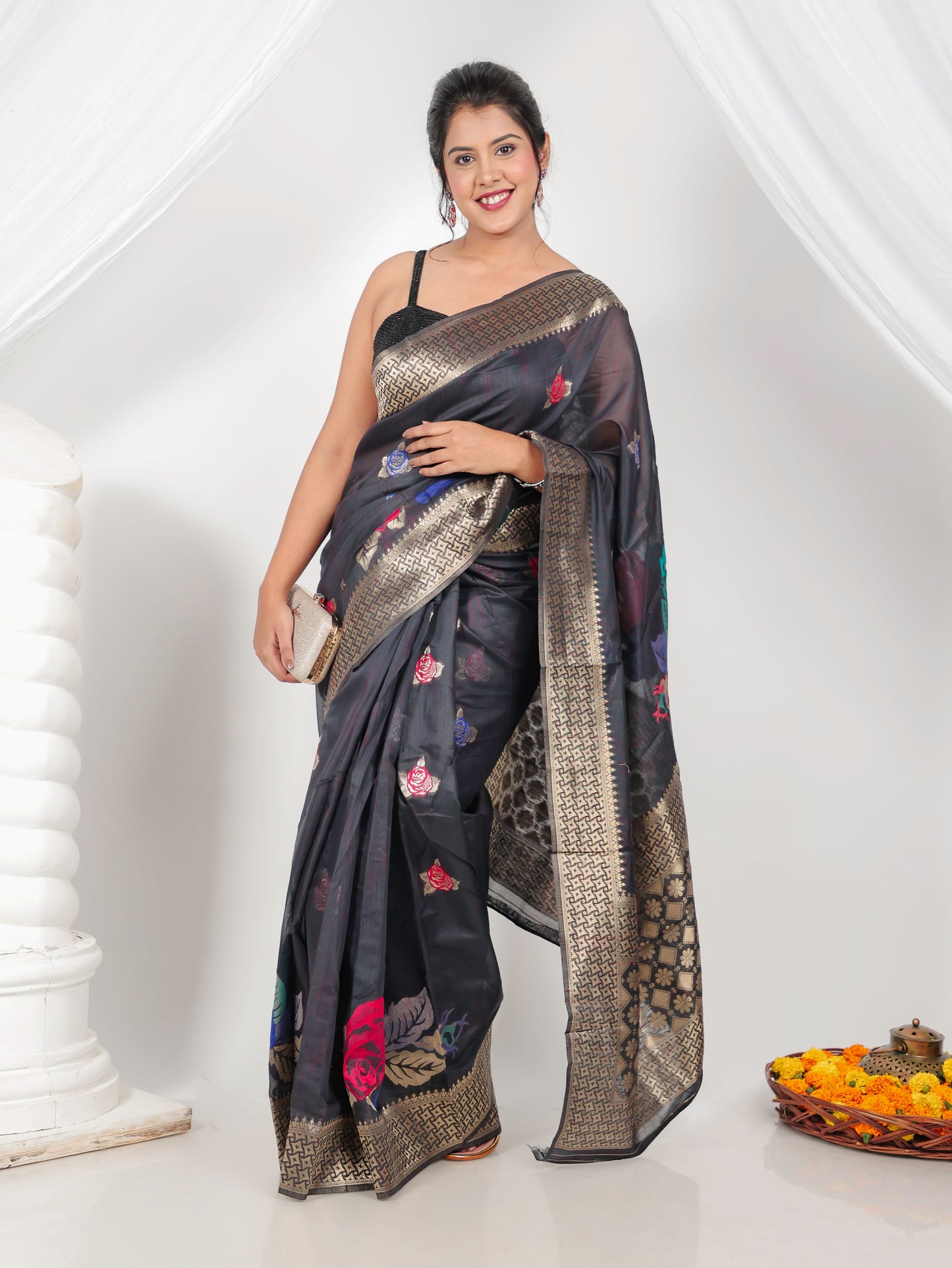 Jacquard Silk Dark Grey Saree