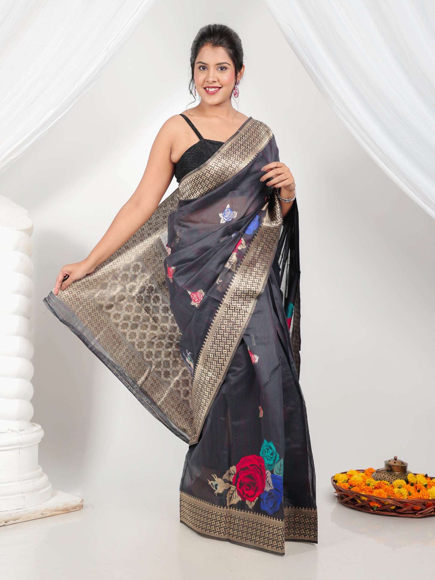 Jacquard Silk Dark Grey Saree