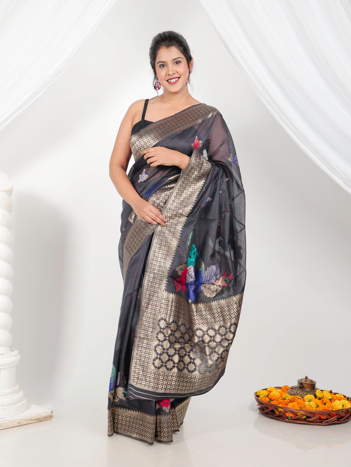 Jacquard Silk Dark Grey Saree