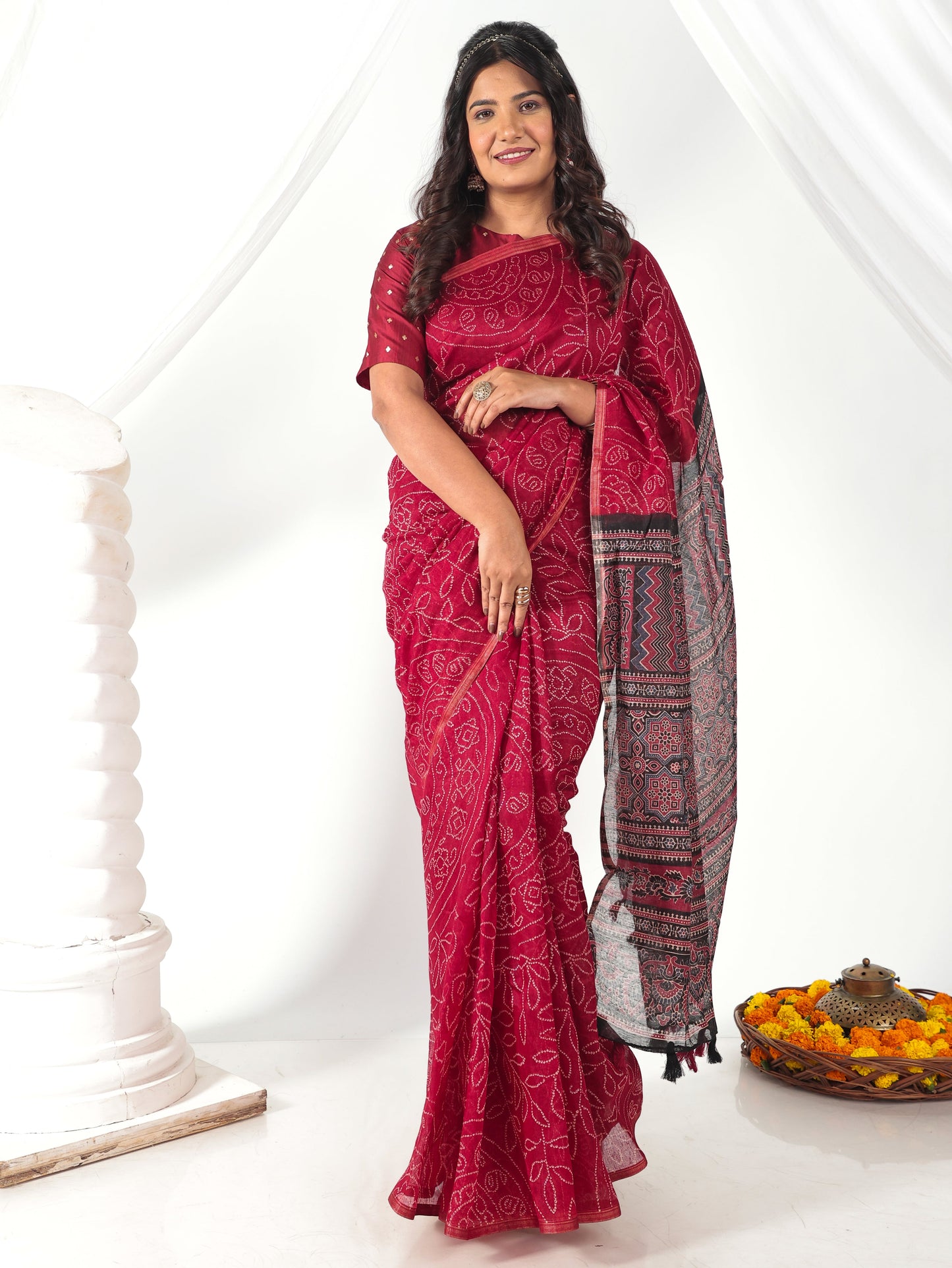 Chanderi Bandhani Maroon Saree