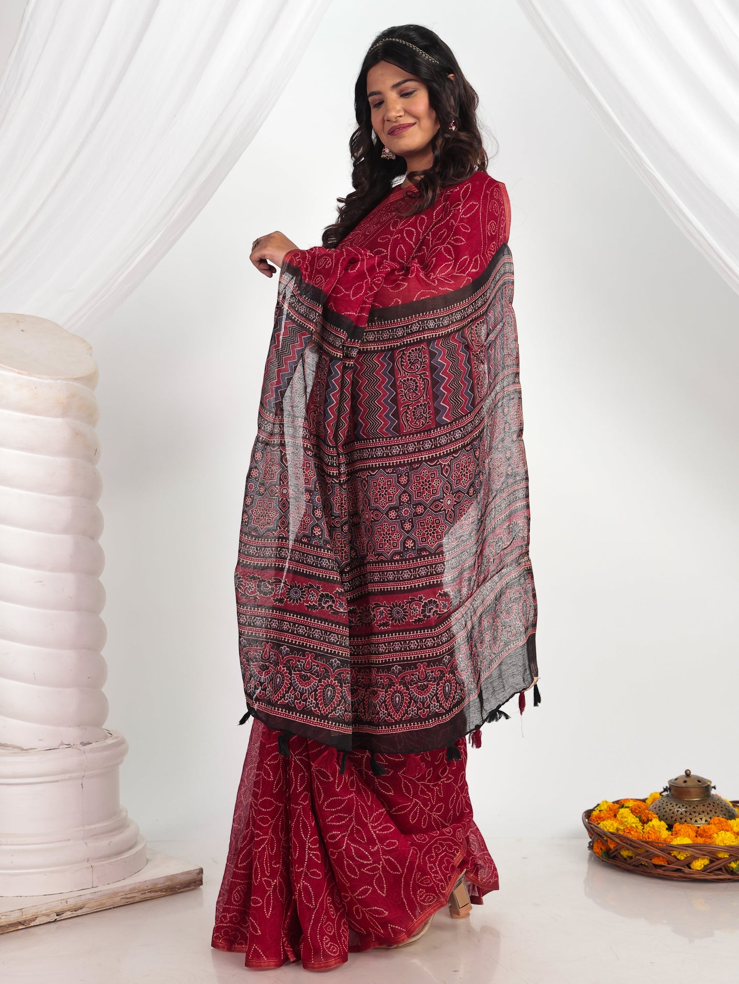 Chanderi Bandhani Maroon Saree