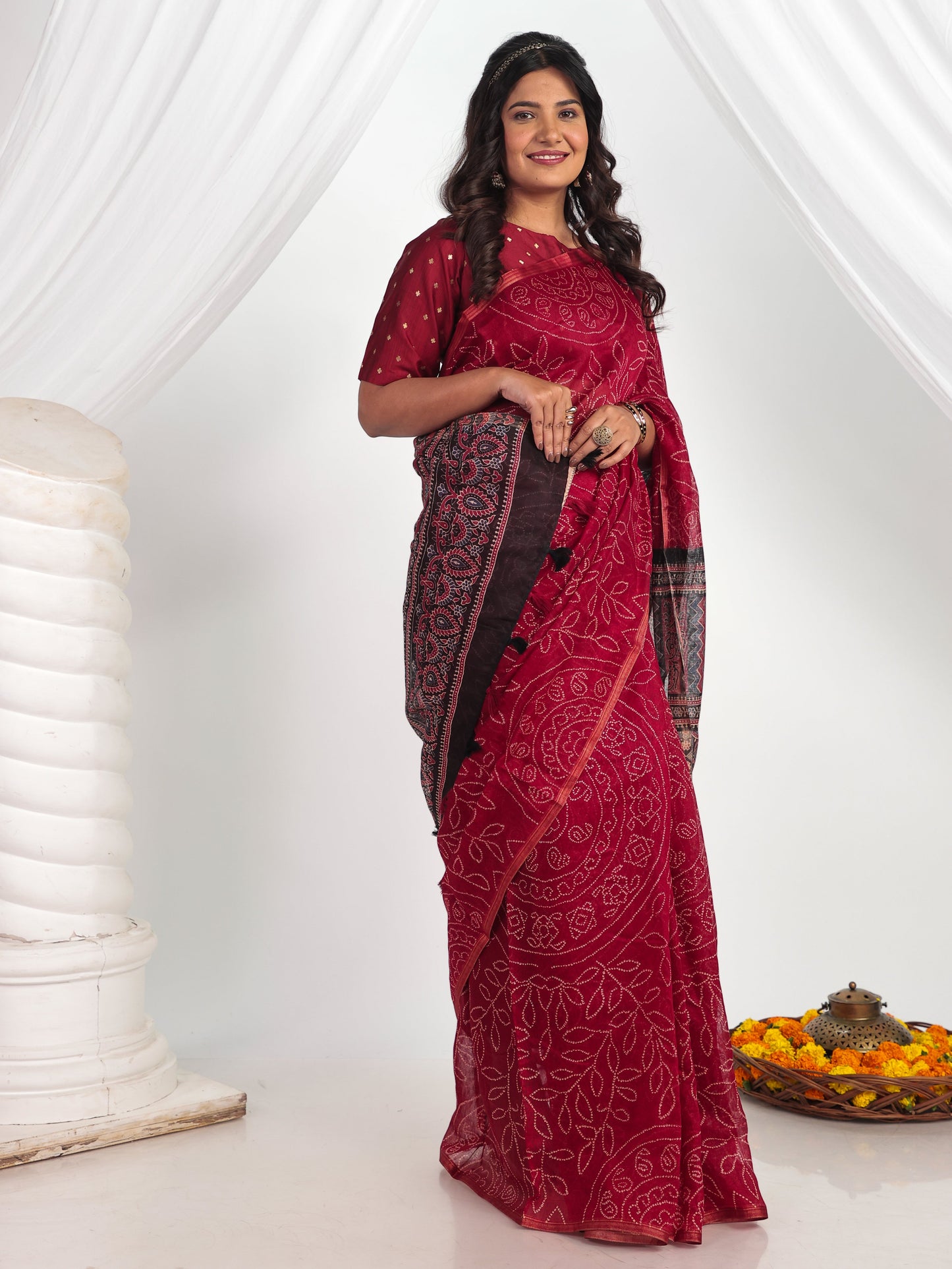 Chanderi Bandhani Maroon Saree