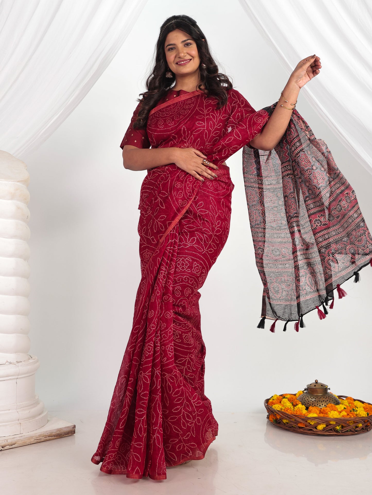 Chanderi Bandhani Maroon Saree
