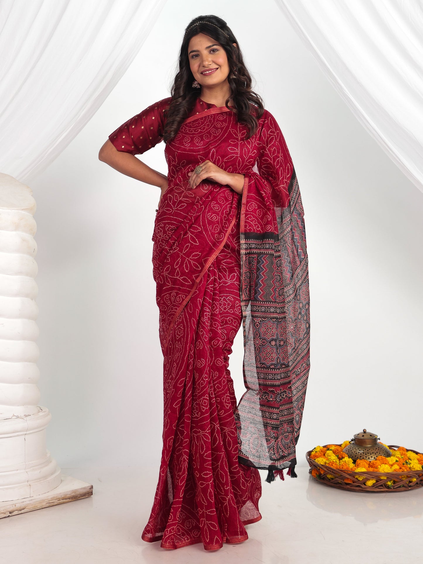 Chanderi Bandhani Maroon Saree
