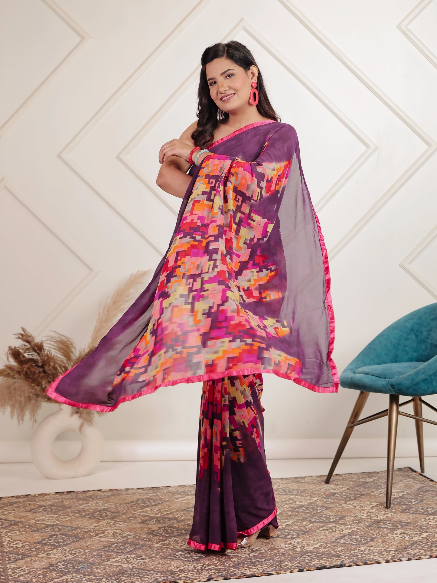 Georgette Geometric Multicoloured Saree