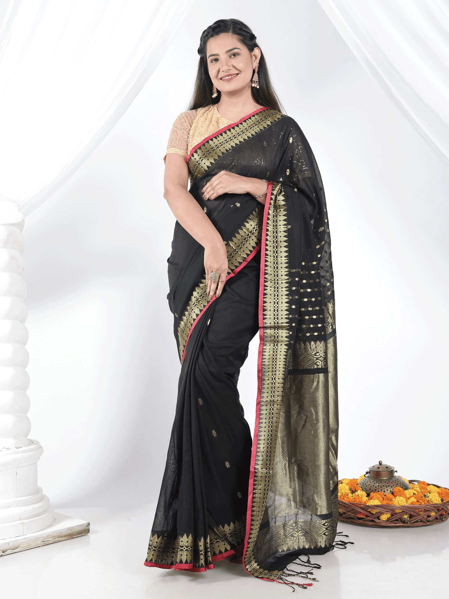 Cotton Jacquard Black Saree