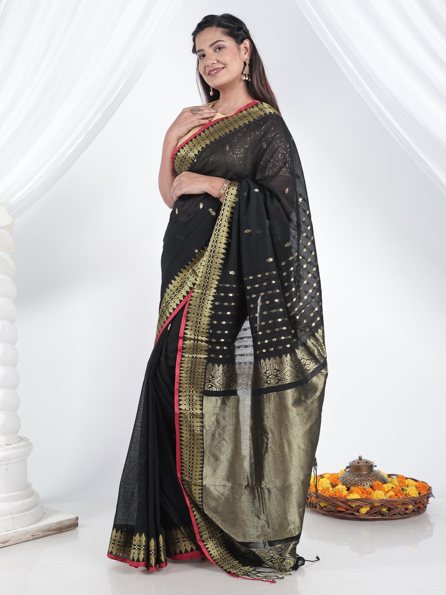 Cotton Jacquard Black Saree
