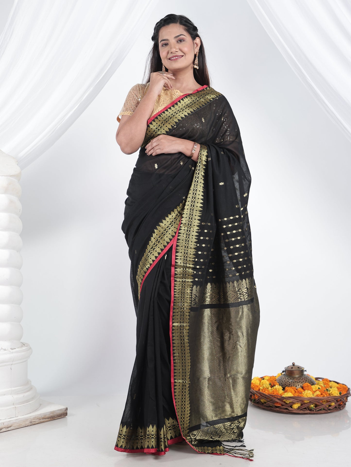 Cotton Jacquard Black Saree