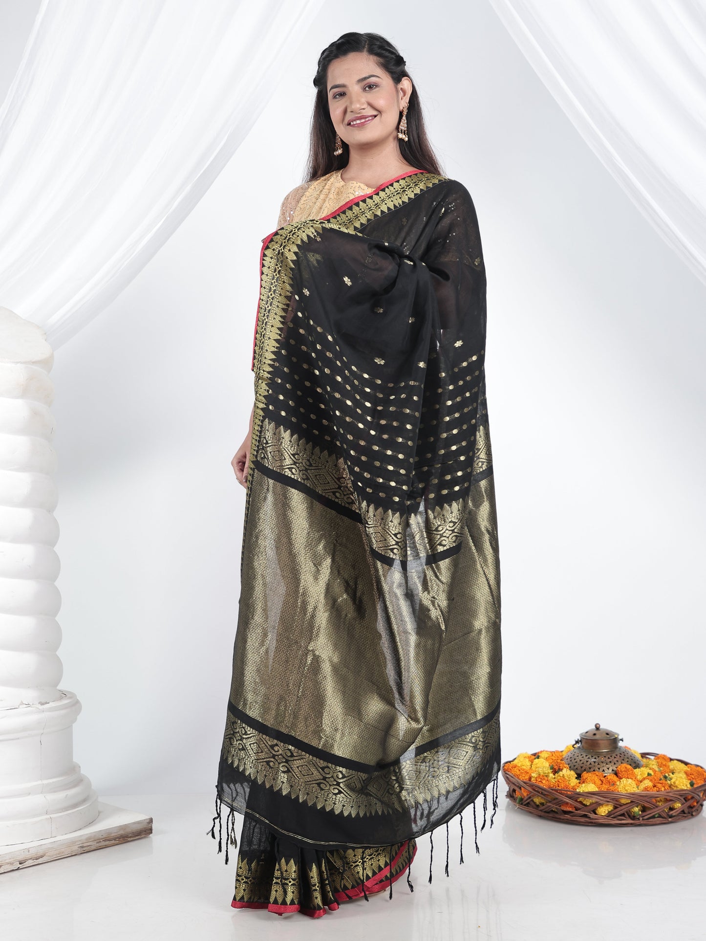 Cotton Jacquard Black Saree