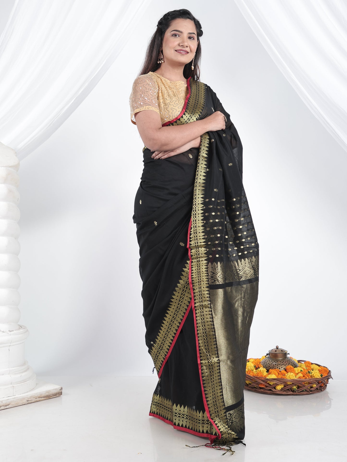 Cotton Jacquard Black Saree