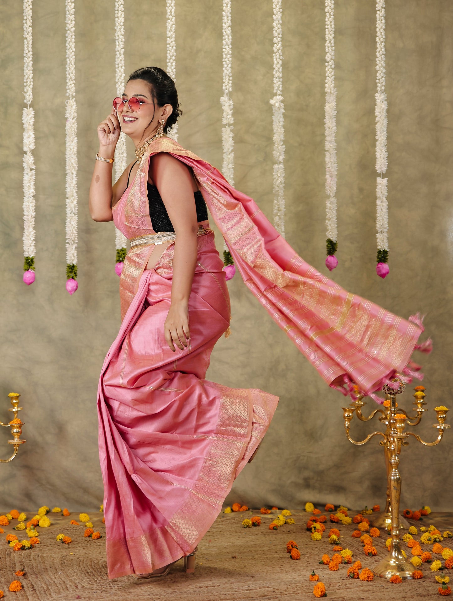 Embroidered Silk Blend Baby Pink Saree