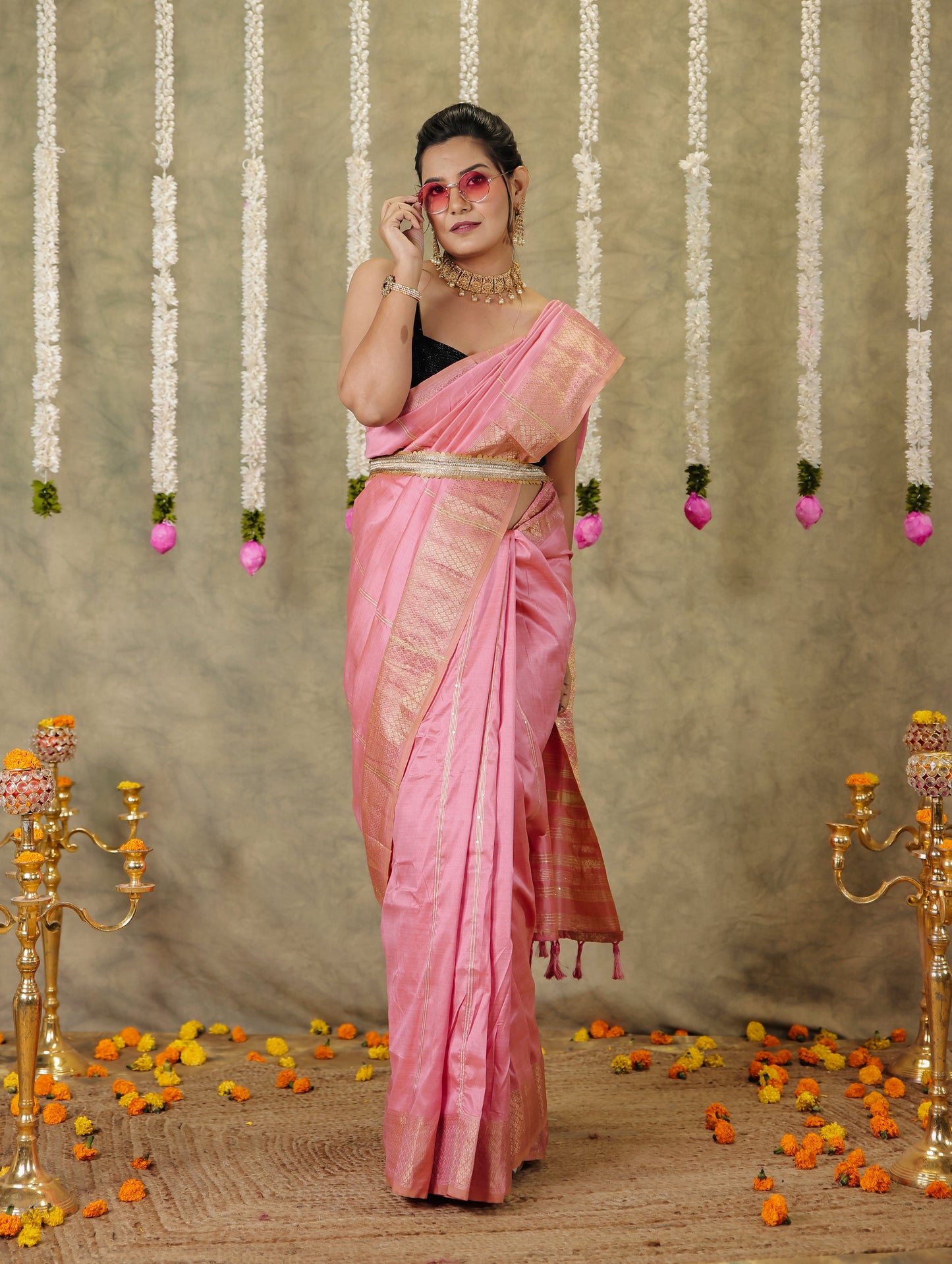 Embroidered Silk Blend Baby Pink Saree