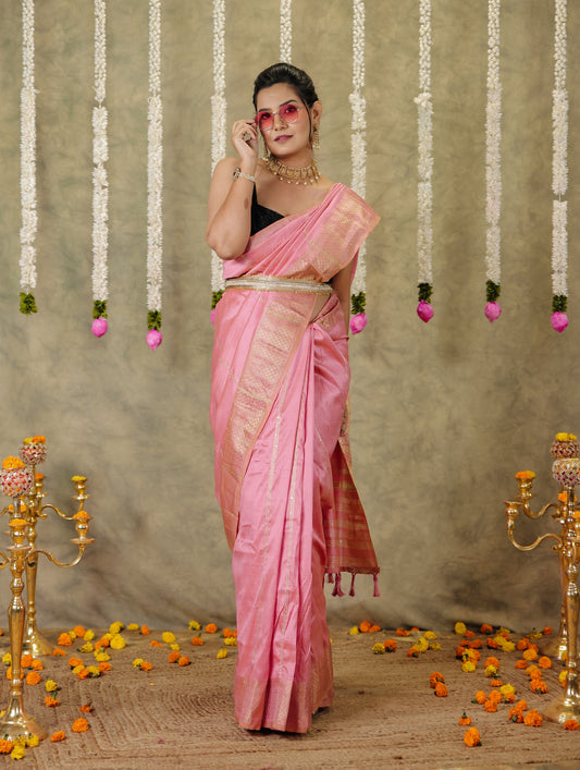 Embroidered Silk Blend Baby Pink Saree