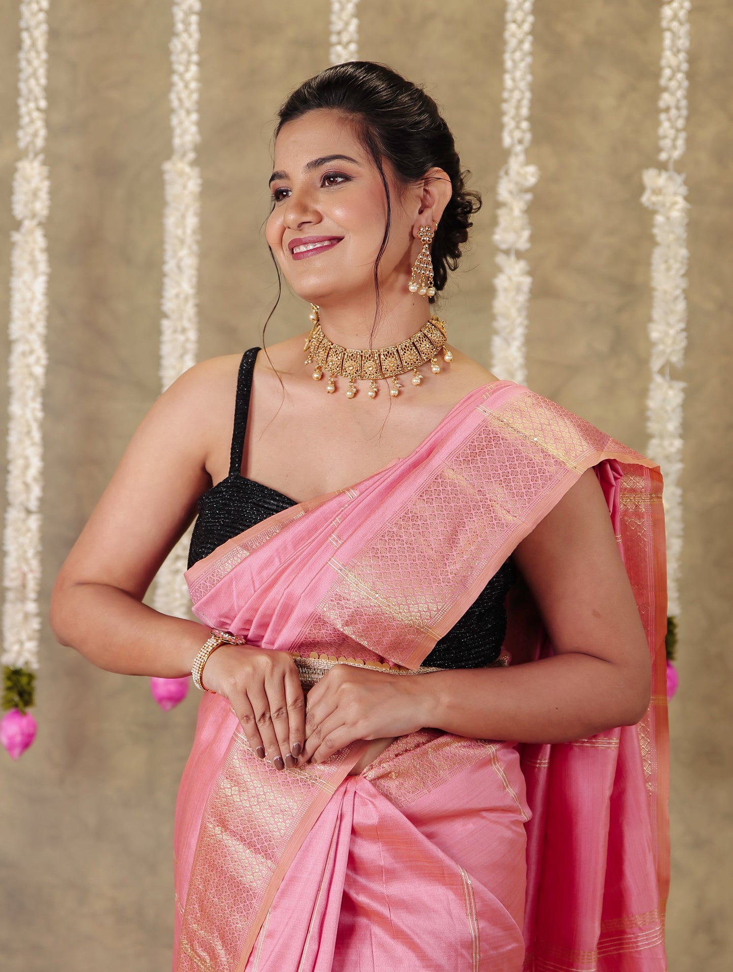 Embroidered Silk Blend Baby Pink Saree