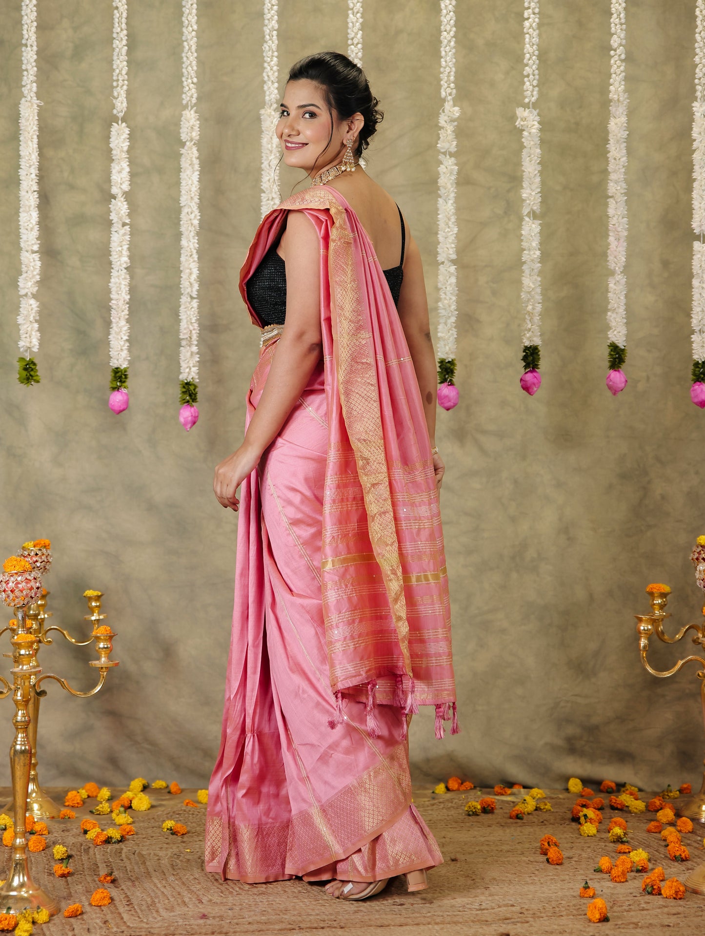 Embroidered Silk Blend Baby Pink Saree