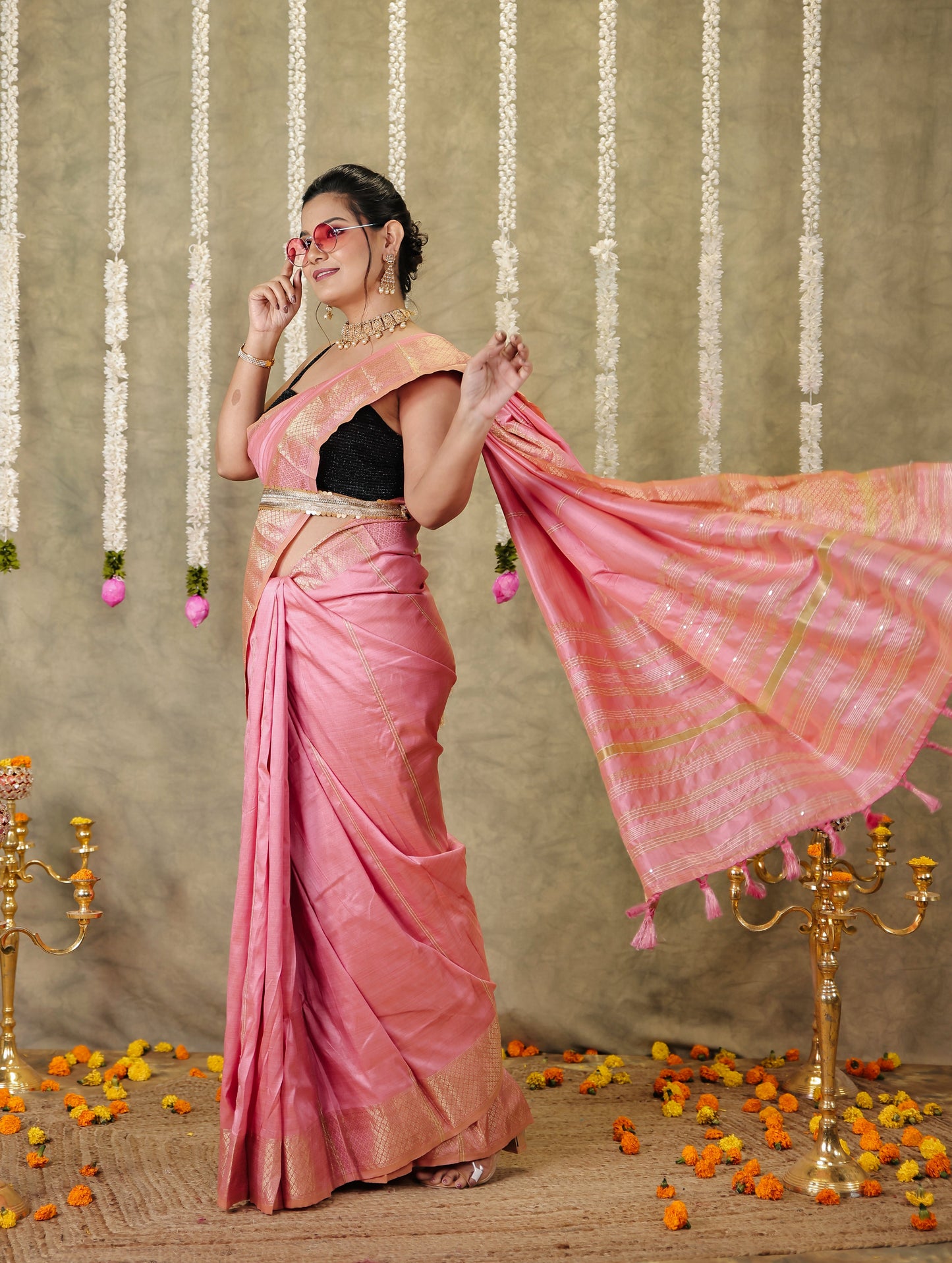 Embroidered Silk Blend Baby Pink Saree