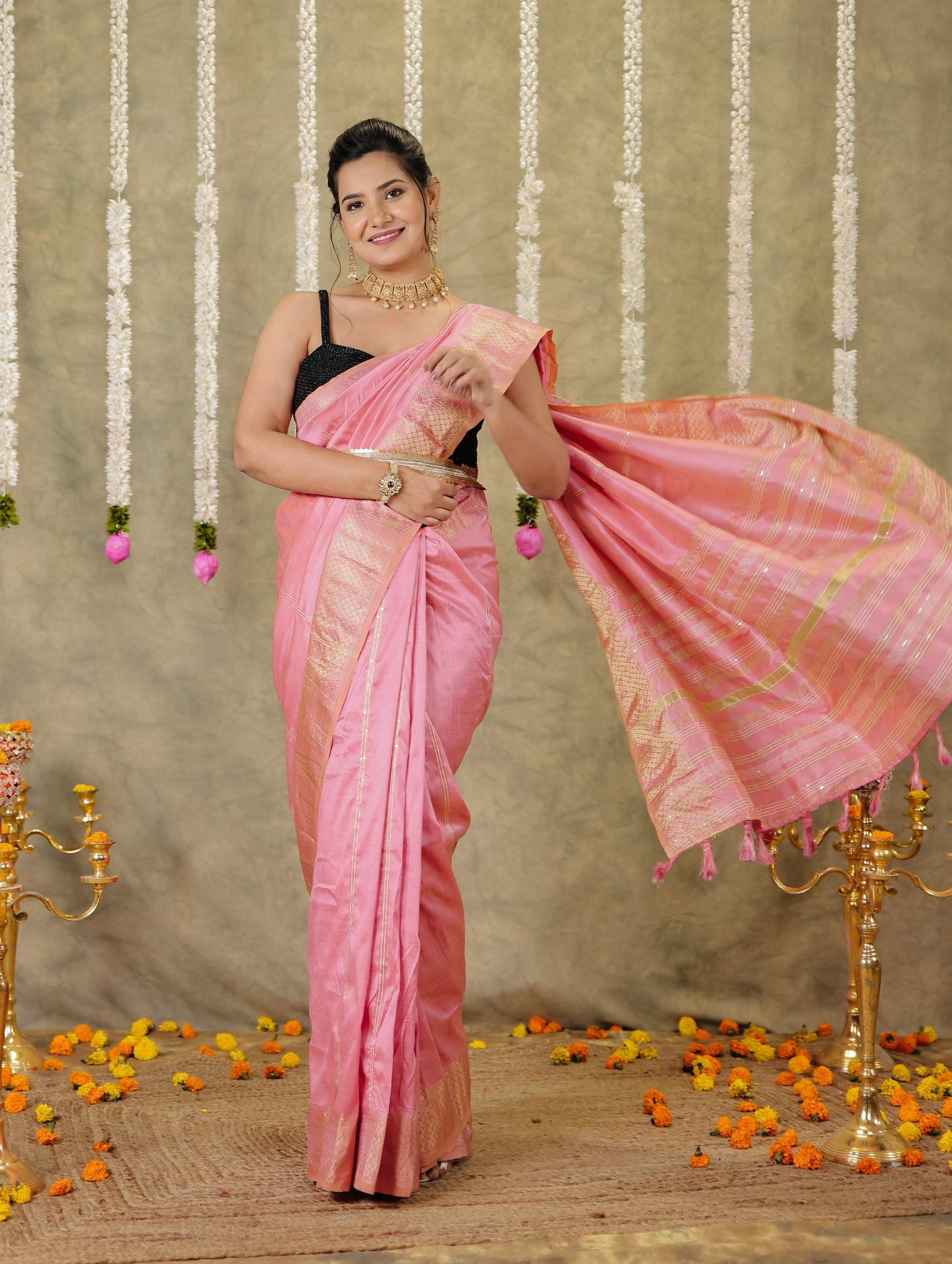 Embroidered Silk Blend Baby Pink Saree