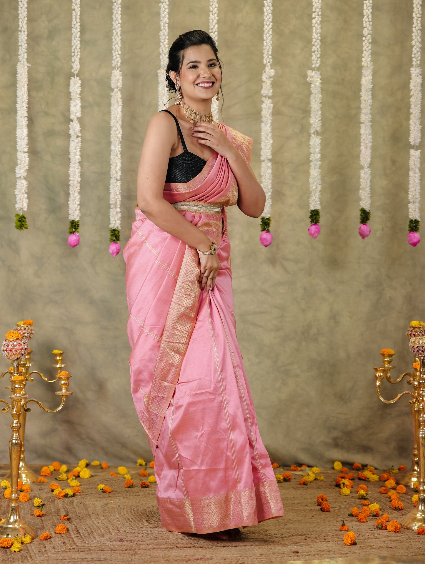 Embroidered Silk Blend Baby Pink Saree