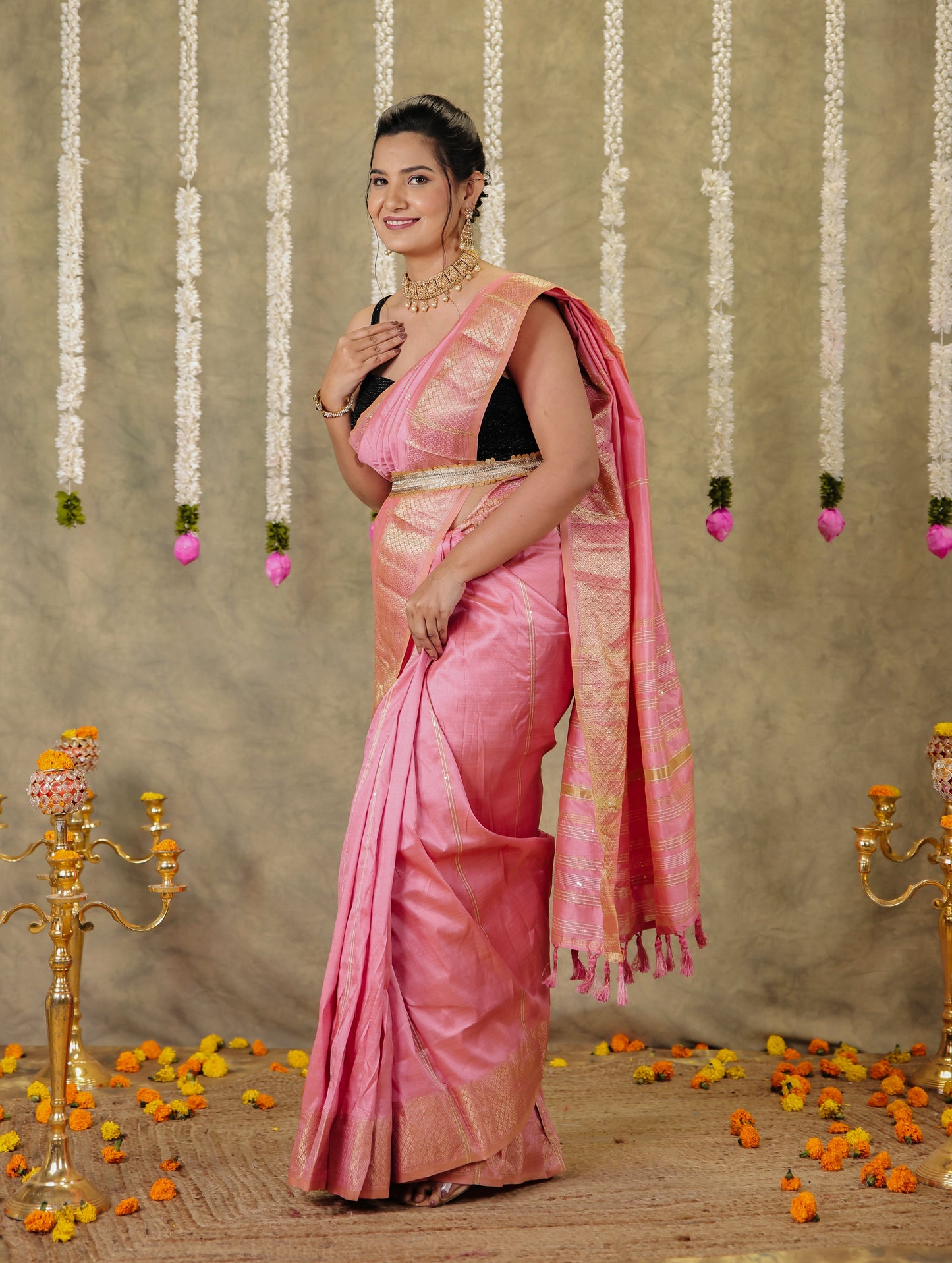 Embroidered Silk Blend Baby Pink Saree