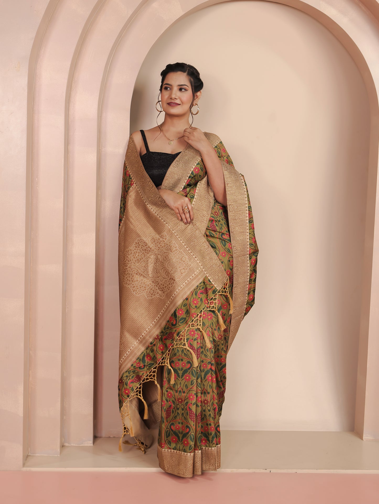 Silk Blend Floral Green Saree
