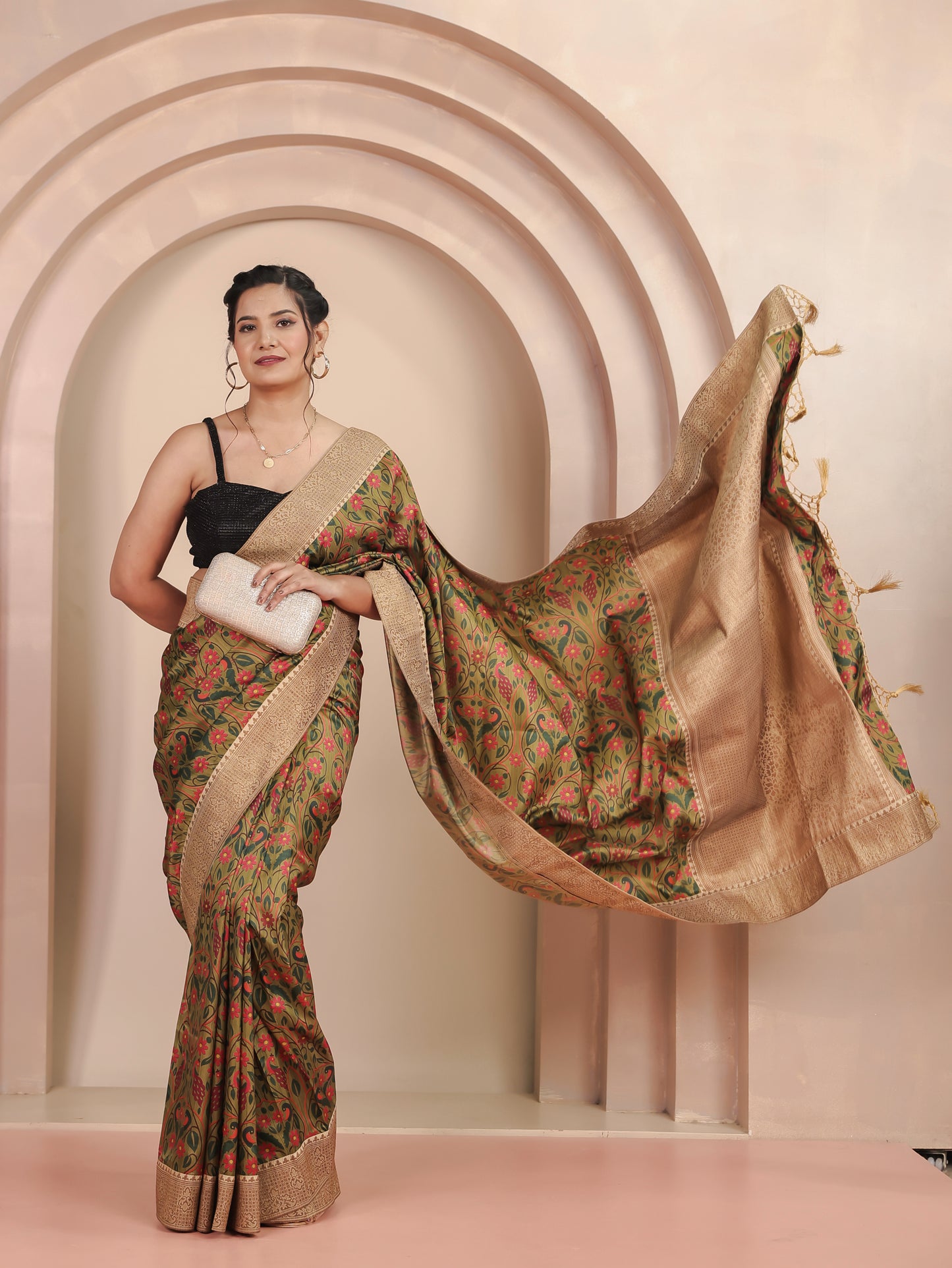 Silk Blend Floral Green Saree