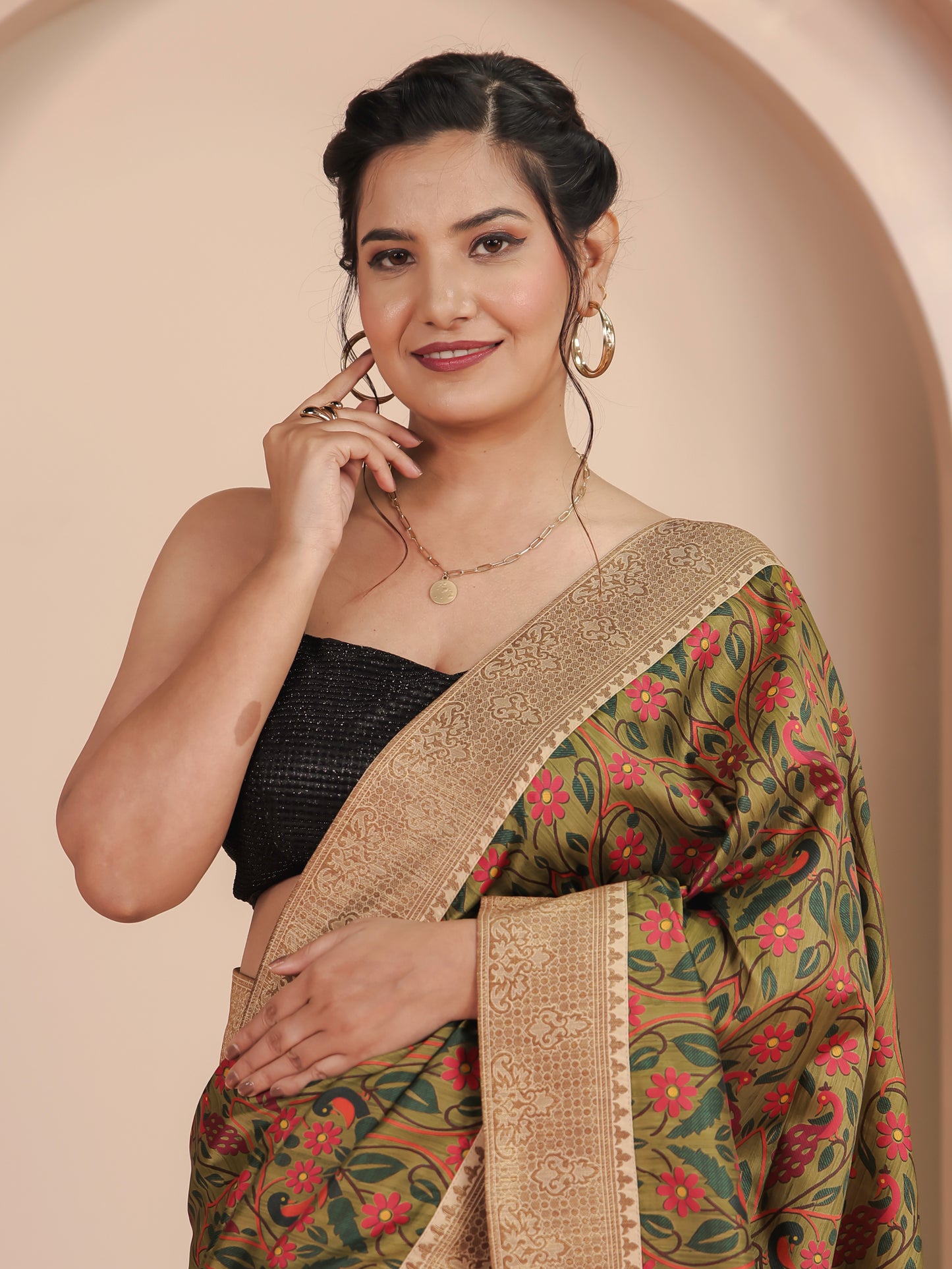 Silk Blend Floral Green Saree