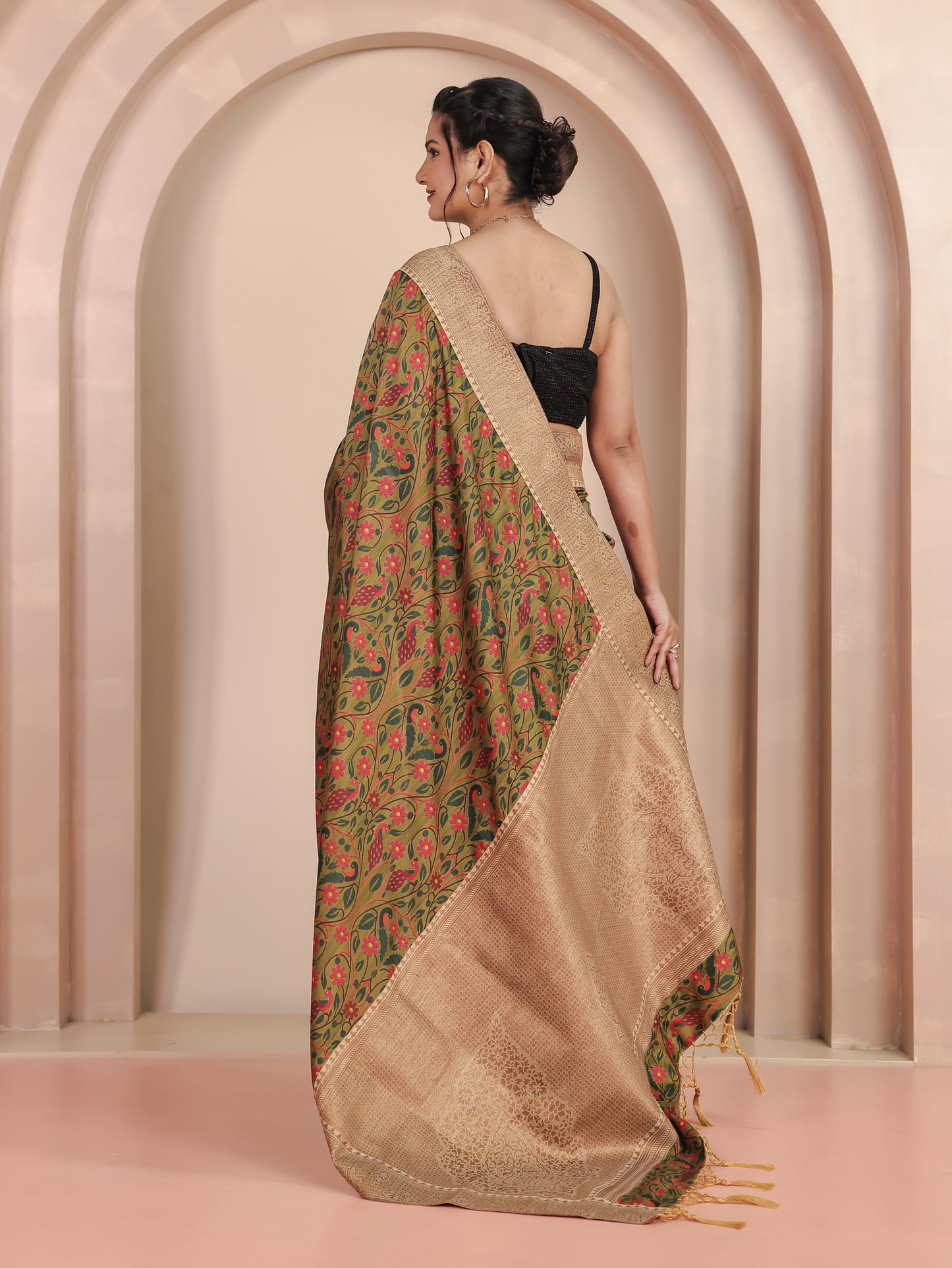 Silk Blend Floral Green Saree