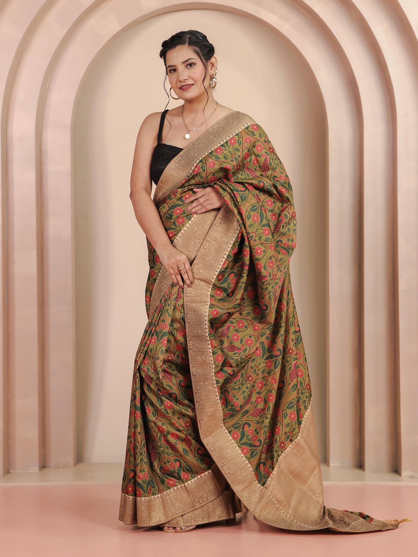 Silk Blend Floral Green Saree