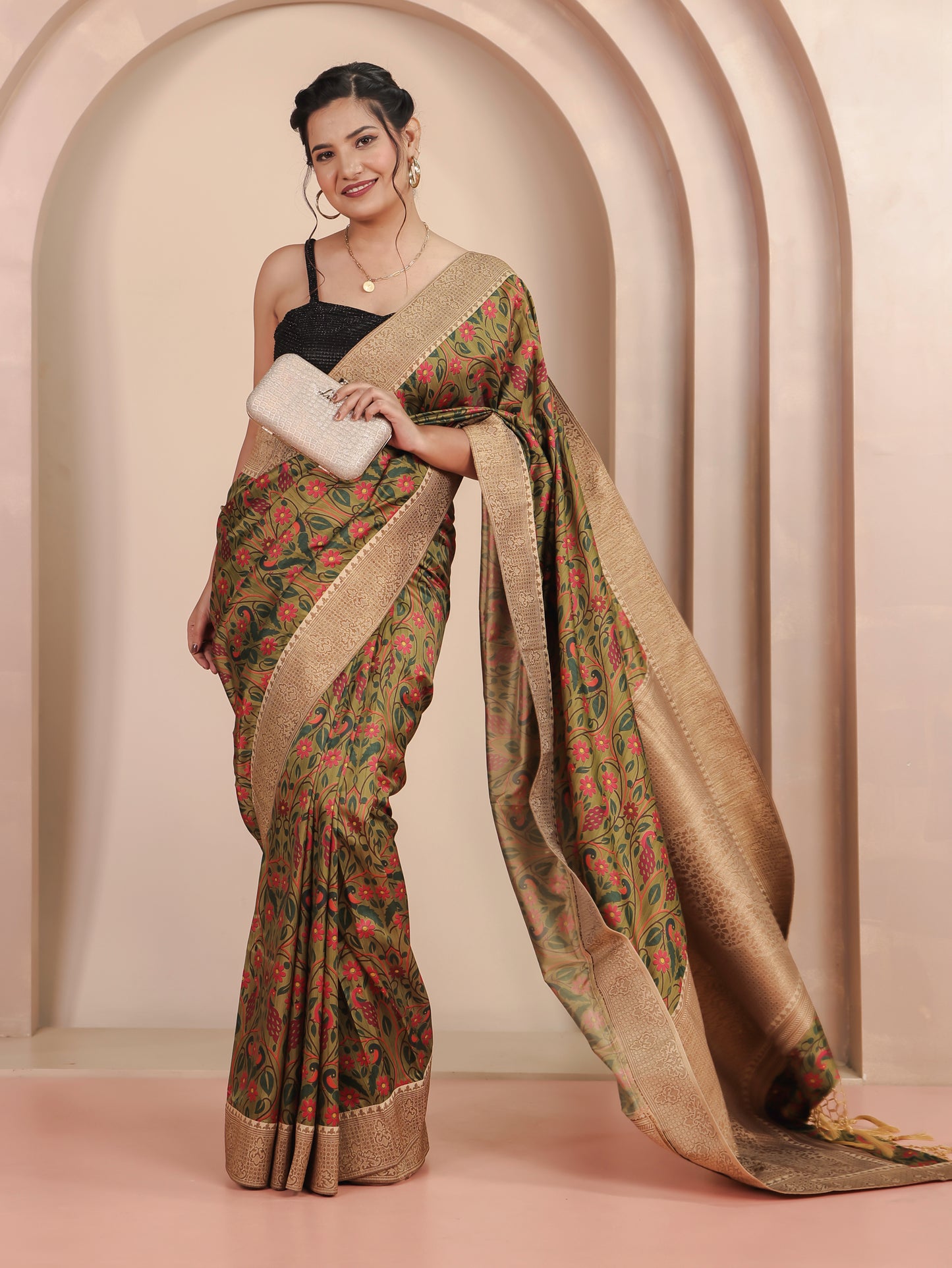 Silk Blend Floral Green Saree