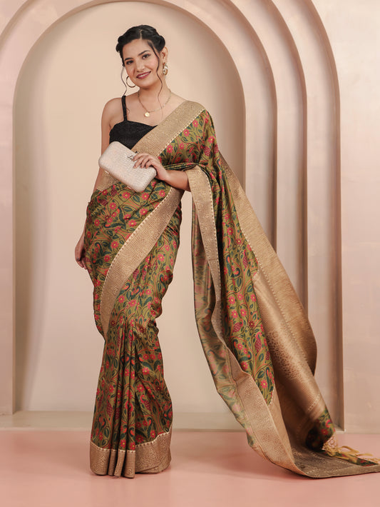 Silk Blend Floral Green Saree