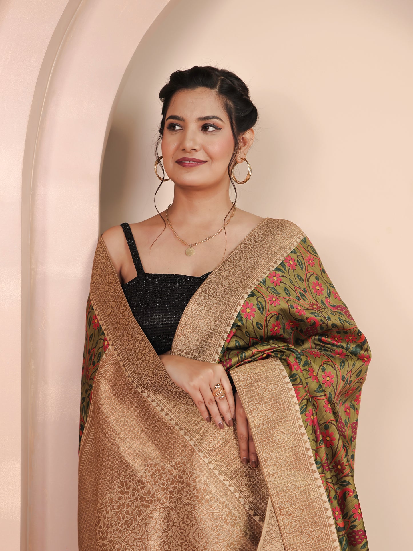 Silk Blend Floral Green Saree
