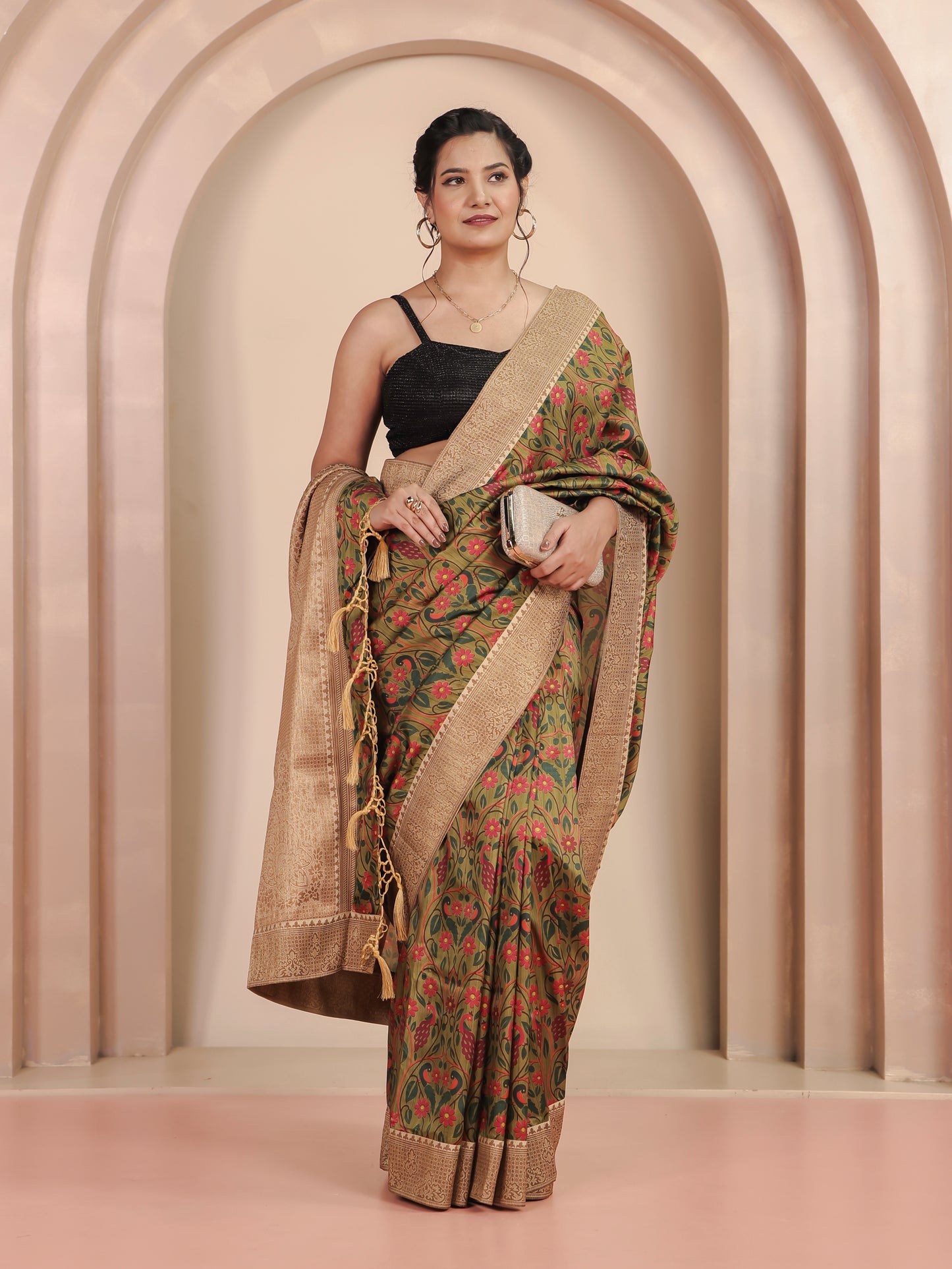 Silk Blend Floral Green Saree