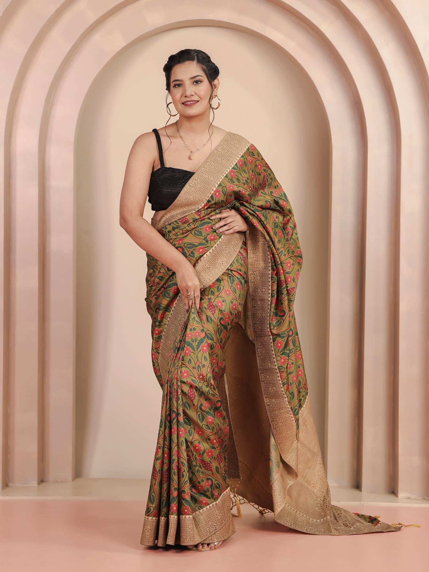 Silk Blend Floral Green Saree