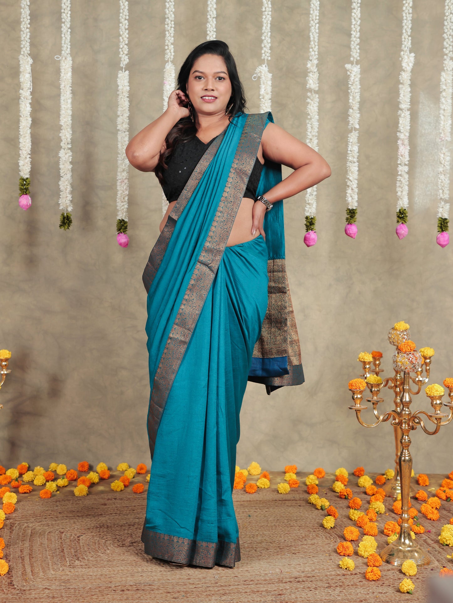 Silk Blend Teal Saree
