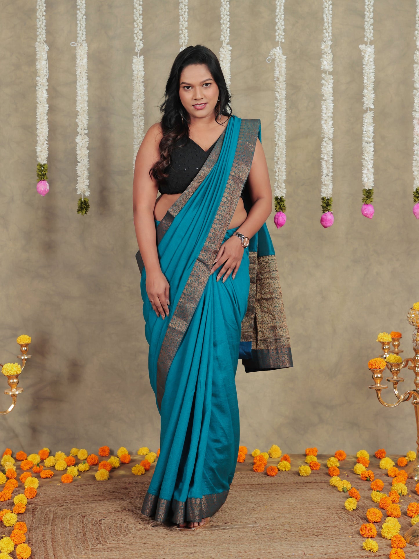 Silk Blend Teal Saree