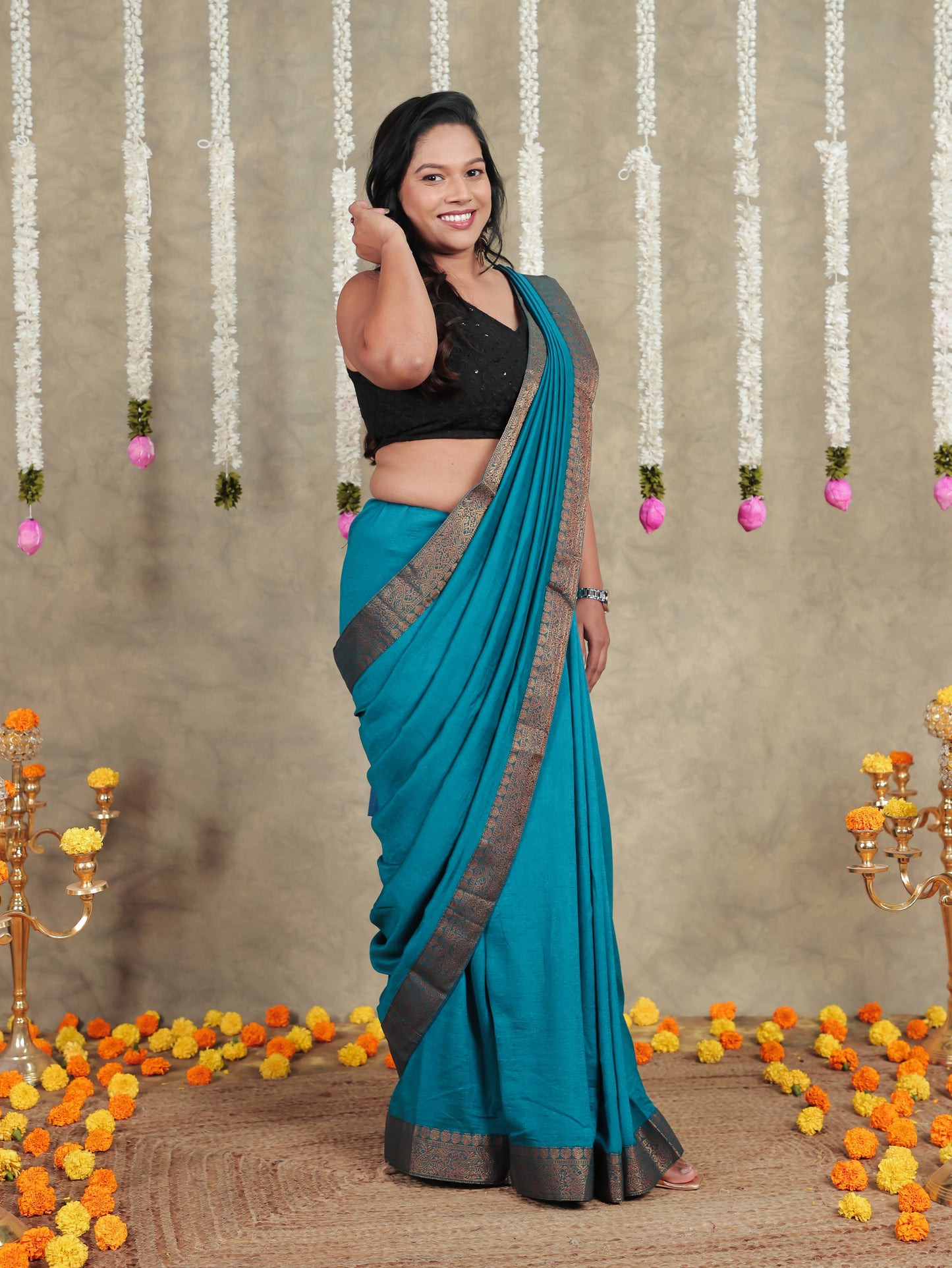 Silk Blend Teal Saree